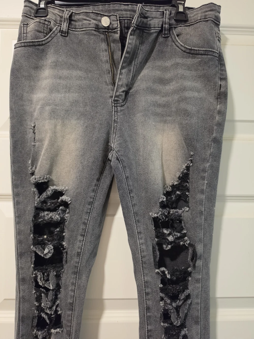 SHEIN Grey Distressed Flare Jeans with Ripped Paneling